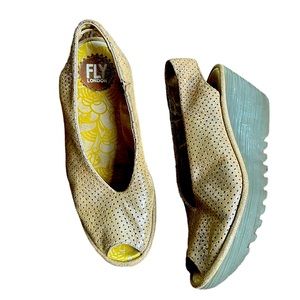 Fly London Yazu perforated gold leather wedge sandals